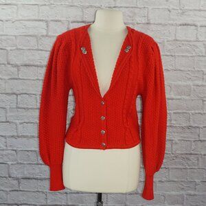 Vintage 80s Wool Puffy Bishop Sleeve Cable Fisherman Knit Cardigan Sweater